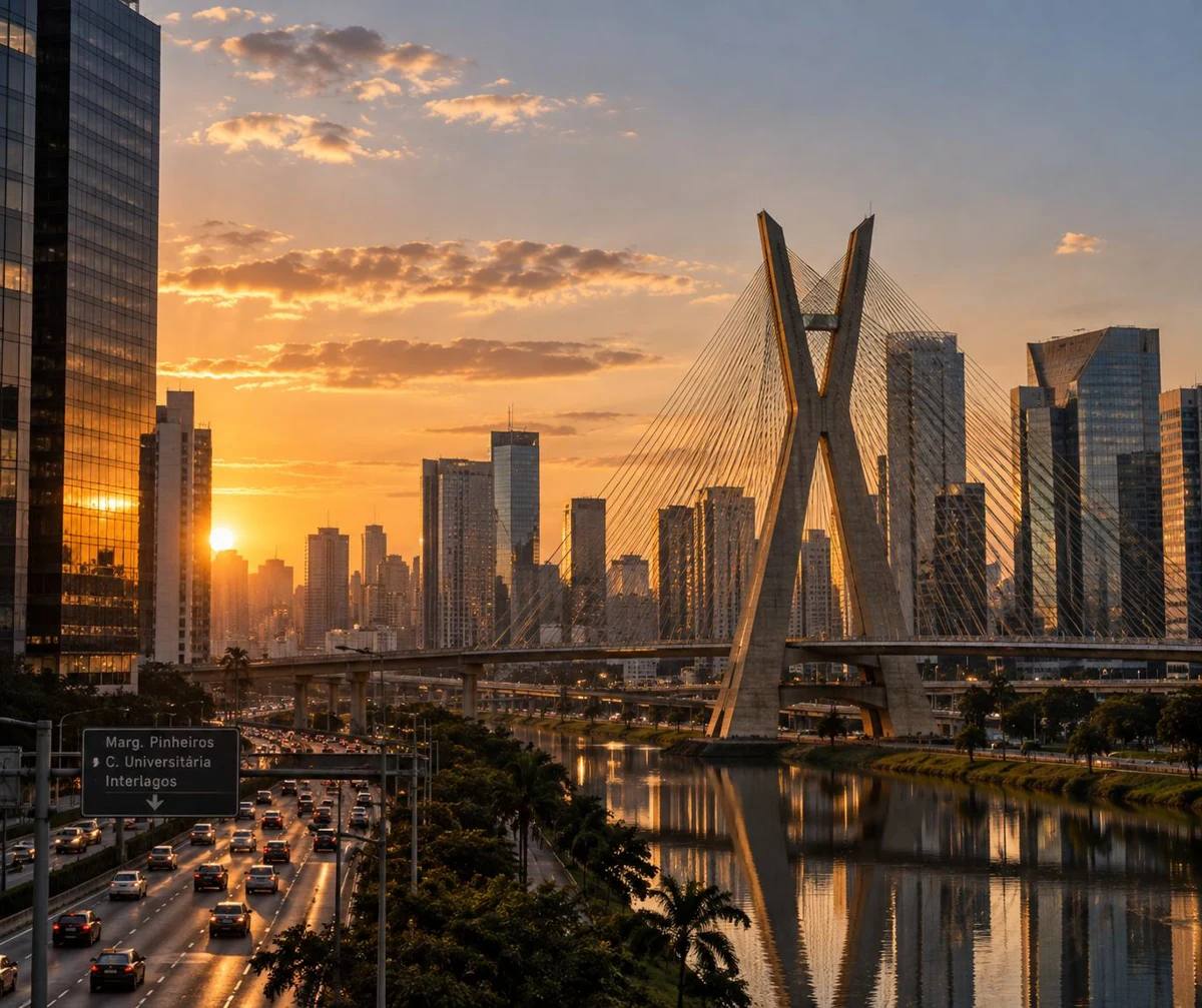 Ponte estaiada e edifícios de São Paulo ao pôr do sol